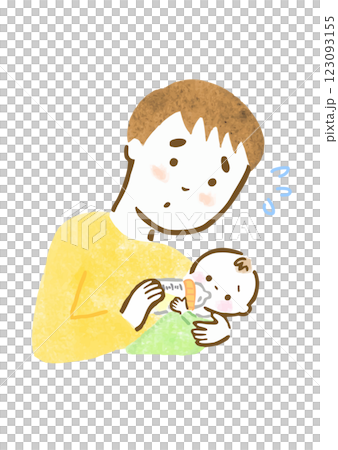 困った表情で赤ちゃんにミルクをあげている父親の手描きイラスト 123093155