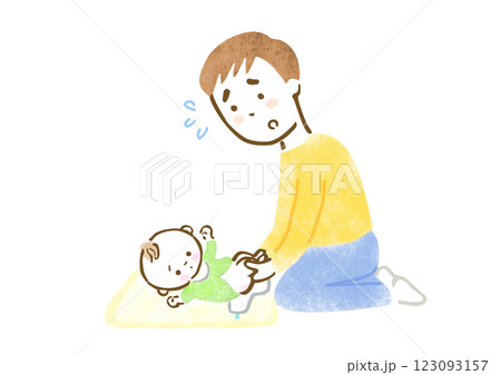 困った顔で赤ちゃんのおむつ替えをする父親の手描きイラスト 123093157