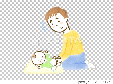 困った顔で赤ちゃんのおむつ替えをする父親の手描きイラスト 123093157