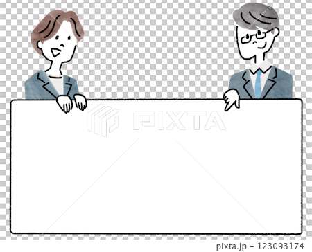 Two men and women in suits holding a board and pointing at it Business people Two men and women in suits holding a board and pointing at it Business people 123093174
