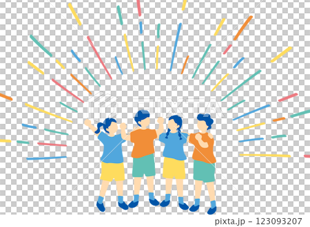 Children standing with their arms around each other and raising their fists 123093207