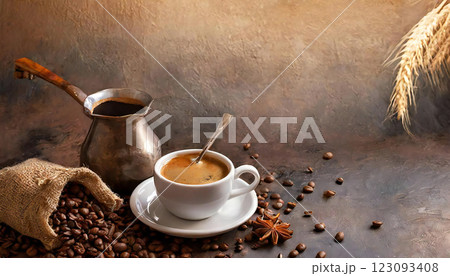 入れたてのコーヒー 上からのアングル　コピースペース 123093408