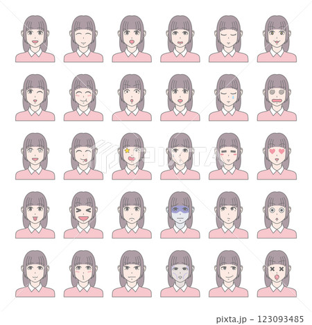 様々な表情の女性 セット 30パターン ロングヘア 123093485