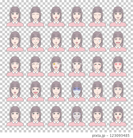 様々な表情の女性 セット 30パターン ロングヘア 123093485