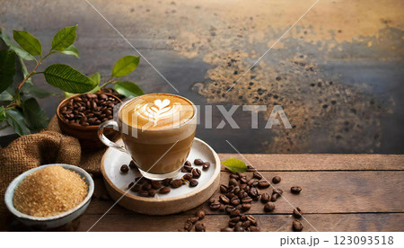 入れたてのカフェラテ 上からのアングル　コピースペース 123093518