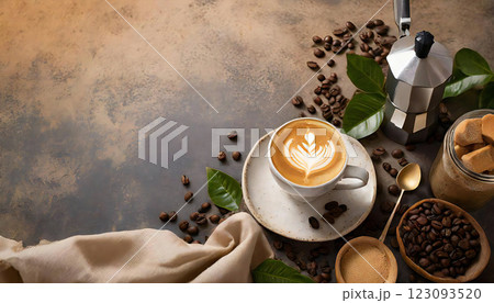 入れたてのカフェラテ 上からのアングル　コピースペース 123093520