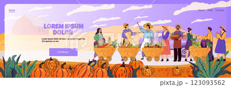 Farmers market harvest scene with people selling fresh vegetables and fruits in carts vibrant countryside background with barn pumpkins and plants website design Farmers market harvest scene with people selling fresh vegetables and fruits in carts vibrant countryside background with barn pumpkins and plants website design 123093562