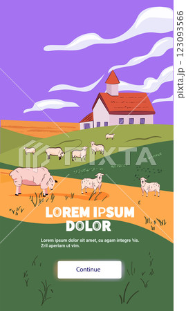 Sheep grazing pastoral landscape farm scene with sheep grazing on rolling hills under a purple sky with clouds red-roofed farmhouse in background mobile app screen 123093566