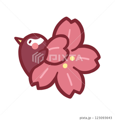 桜から顔をのぞかせる横向きペンギンのカラーイラスト 123093643