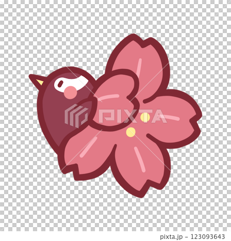 桜から顔をのぞかせる横向きペンギンのカラーイラスト 123093643