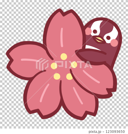 一隻企鵝從櫻花後探出頭來的彩色插圖 123093650