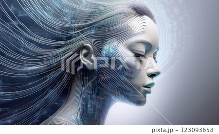 集積回路のような線がテクスチャーとして埋め込まれた女性の横顔に光が走る、AIと人の融合のイメージ 集積回路のような線がテクスチャーとして埋め込まれた女性の横顔に光が走る、AIと人の融合のイメージ 123093658