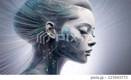 集積回路のような線がテクスチャーとして埋め込まれた女性の横顔に光が走る、AIと人の融合のイメージ 123093773