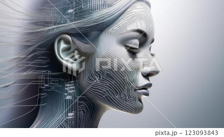 集積回路のような線がテクスチャーとして埋め込まれた女性の横顔に光が走る、AIと人の融合のイメージ 123093843
