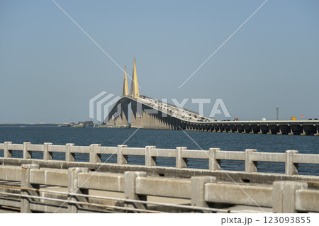 Sunshine Skyway Bridge over Tampa Bay in Florida with moving traffic. Concept of transportation infrastructure 123093855