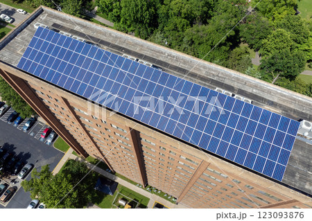 Solar rooftop on apartment condo building in Nashville, Tennessee. Production of clean ecological electrical energy. Renewable electricity with zero emission 123093876