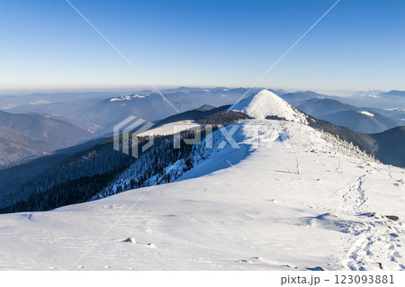 Snow covered winter mountains. Arctic landscape. Colorful outdoor scene, Artistic style post processed photo. Snow covered winter mountains. Arctic landscape. Colorful outdoor scene, Artistic style post processed photo. 123093881