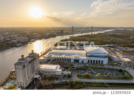 Savannah convention center in historical city Savannah in Georgia. Southern USA cityscape at sunset Savannah convention center in historical city Savannah in Georgia. Southern USA cityscape at sunset 123093928