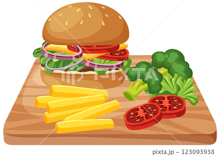 Delicious Burger with Fries and Vegetables 123093938
