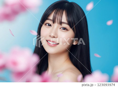 満開の桜に囲まれ微笑む若い日本人女性（AI生成画像） 123093974