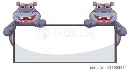 Happy Hippos Holding a Blank Sign Happy Hippos Holding a Blank Sign 123093984