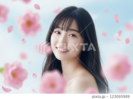 満開の桜に囲まれ微笑む若い日本人女性（AI生成画像） 123093989