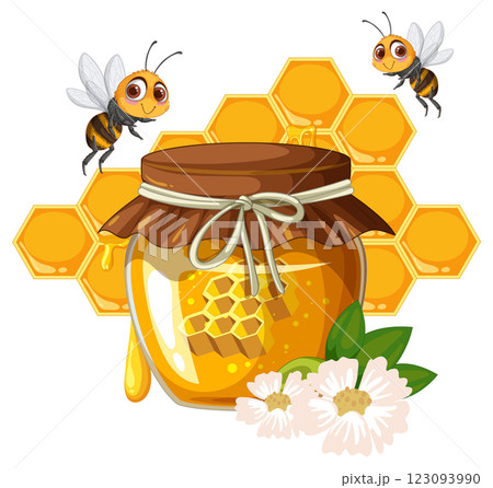 Honey Jar with Bees and Flowers 123093990