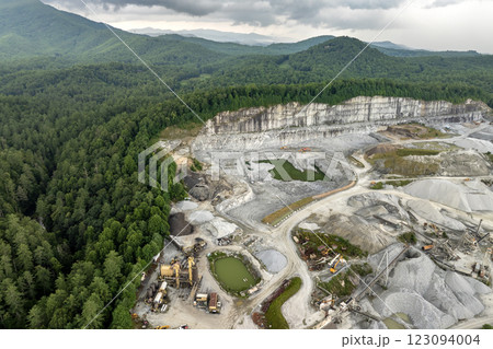 Sand open-pit mining quarry with processing plant for crushed stone. Extracting of natural resources for construction industry 123094004