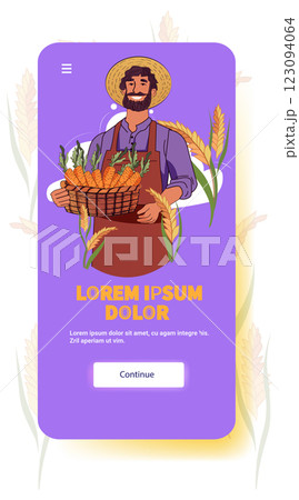 Farmer holding basket of carrots smiling in a vibrant purple background with wheat accents. Mobile app screen design Farmer holding basket of carrots smiling in a vibrant purple background with wheat accents. Mobile app screen design 123094064