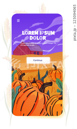 Pumpkin field autumn harvest scene with barn bright orange pumpkins green leaves purple sky mobile app screen template 123094065