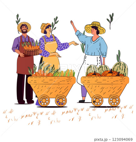 Farmers market scene with people selling vegetables in carts colorful outfits straw hats carrots corn watermelons pumpkins on white background Farmers market scene with people selling vegetables in carts colorful outfits straw hats carrots corn watermelons pumpkins on white background 123094069