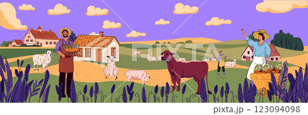 Farm life rural scene landscape agriculture. Farmers with produce animals and fields under a purple sky. Vibrant colors with clouds and plants. Farmhouse backdrop Farm life rural scene landscape agriculture. Farmers with produce animals and fields under a purple sky. Vibrant colors with clouds and plants. Farmhouse backdrop 123094098