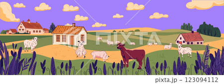 Farm landscape sheep grazing countryside scenery rural houses fields purple sky clouds plants 123094112