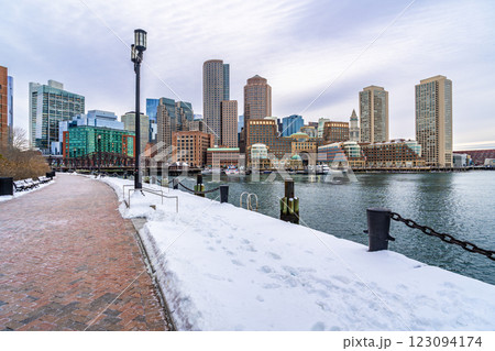 View of Boston downtown  skyscrapers seen from Fan Pier Park on a cold cloudy winter day 123094174