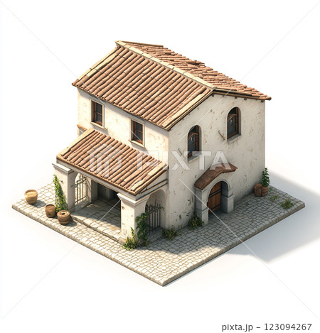 A Mediterranean-style house with white walls, red-tiled roofs, arched windows, and doors, surrounded by greenery and a paved driveway. Isolated on white background. A Mediterranean-style house with white walls, red-tiled roofs, arched windows, and doors, surrounded by greenery and a paved driveway. Isolated on white background. 123094267