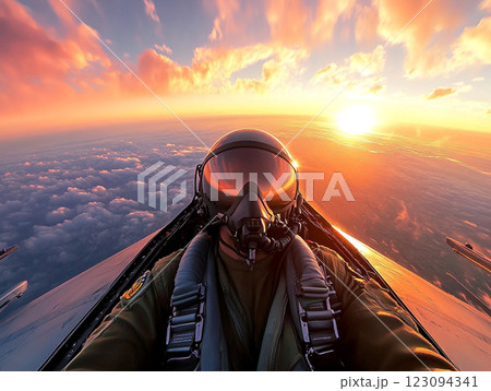 A pilot in a fighter jet cockpit flies above the clouds during a vibrant sunset, with the sun casting a golden glow on the aircraft and the sky. A pilot in a fighter jet cockpit flies above the clouds during a vibrant sunset, with the sun casting a golden glow on the aircraft and the sky. 123094341