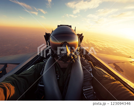 A pilot in a fighter jet cockpit flies above the clouds during a vibrant sunset, with the sun casting a golden glow on the aircraft and the sky. 123094346