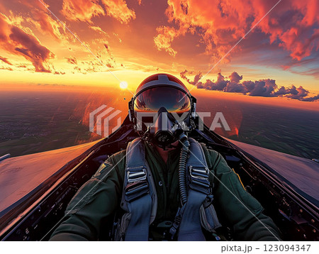 A pilot in a fighter jet cockpit flies above the clouds during a vibrant sunset, with the sun casting a golden glow on the aircraft and the sky. A pilot in a fighter jet cockpit flies above the clouds during a vibrant sunset, with the sun casting a golden glow on the aircraft and the sky. 123094347