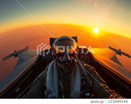 A pilot in a fighter jet cockpit flies above the clouds during a vibrant sunset, with the sun casting a golden glow on the aircraft and the sky. A pilot in a fighter jet cockpit flies above the clouds during a vibrant sunset, with the sun casting a golden glow on the aircraft and the sky. 123094349