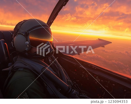 A pilot in a fighter jet cockpit flies above the clouds during a vibrant sunset, with the sun casting a golden glow on the aircraft and the sky. A pilot in a fighter jet cockpit flies above the clouds during a vibrant sunset, with the sun casting a golden glow on the aircraft and the sky. 123094353