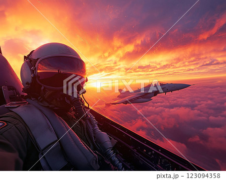 A pilot in a fighter jet cockpit flies above the clouds during a vibrant sunset, with the sun casting a golden glow on the aircraft and the sky. A pilot in a fighter jet cockpit flies above the clouds during a vibrant sunset, with the sun casting a golden glow on the aircraft and the sky. 123094358