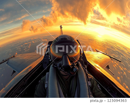 A pilot in a fighter jet cockpit flies above the clouds during a vibrant sunset, with the sun casting a golden glow on the aircraft and the sky. A pilot in a fighter jet cockpit flies above the clouds during a vibrant sunset, with the sun casting a golden glow on the aircraft and the sky. 123094363
