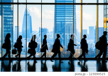 働く人々のシルエットと都市景観(国際ビジネス・東京・働く・転職・仕事) 働く人々のシルエットと都市景観(国際ビジネス・東京・働く・転職・仕事) 123094525