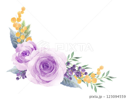紫の薔薇とミモザのブーケの水彩画 紫の薔薇とミモザのブーケの水彩画 123094559