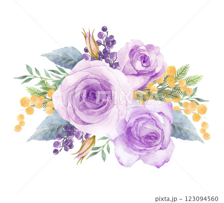 紫の薔薇とミモザのブーケの水彩画 紫の薔薇とミモザのブーケの水彩画 123094560