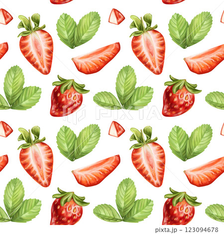 Seamless pattern with bright berries, strawberry slices and leaves. Sweet healthy dessert, cooking ingredients. Decorations for a festive table, a summer party. Hand-drawn illustrations, background Seamless pattern with bright berries, strawberry slices and leaves. Sweet healthy dessert, cooking ingredients. Decorations for a festive table, a summer party. Hand-drawn illustrations, background 123094678