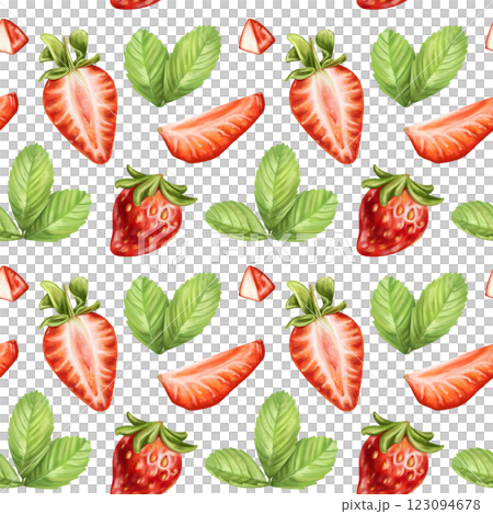 Seamless pattern with bright berries, strawberry slices and leaves. Sweet healthy dessert, cooking ingredients. Decorations for a festive table, a summer party. Hand-drawn illustrations, background Seamless pattern with bright berries, strawberry slices and leaves. Sweet healthy dessert, cooking ingredients. Decorations for a festive table, a summer party. Hand-drawn illustrations, background 123094678