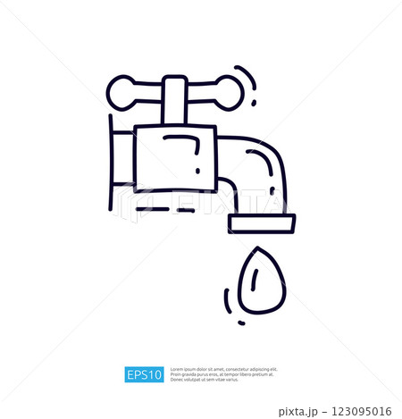 A simple illustration of a faucet with a droplet of water, symbolizing water supply and conservation. 123095016