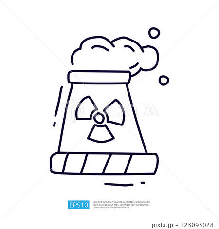 A simple line drawing of a cooling tower with a radiation symbol, emitting steam, representing nuclear energy and environmental concerns. 123095028