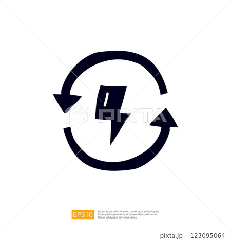 The image features a stylized recycling symbol combined with a lightning bolt, representing energy conservation and sustainability. 123095064